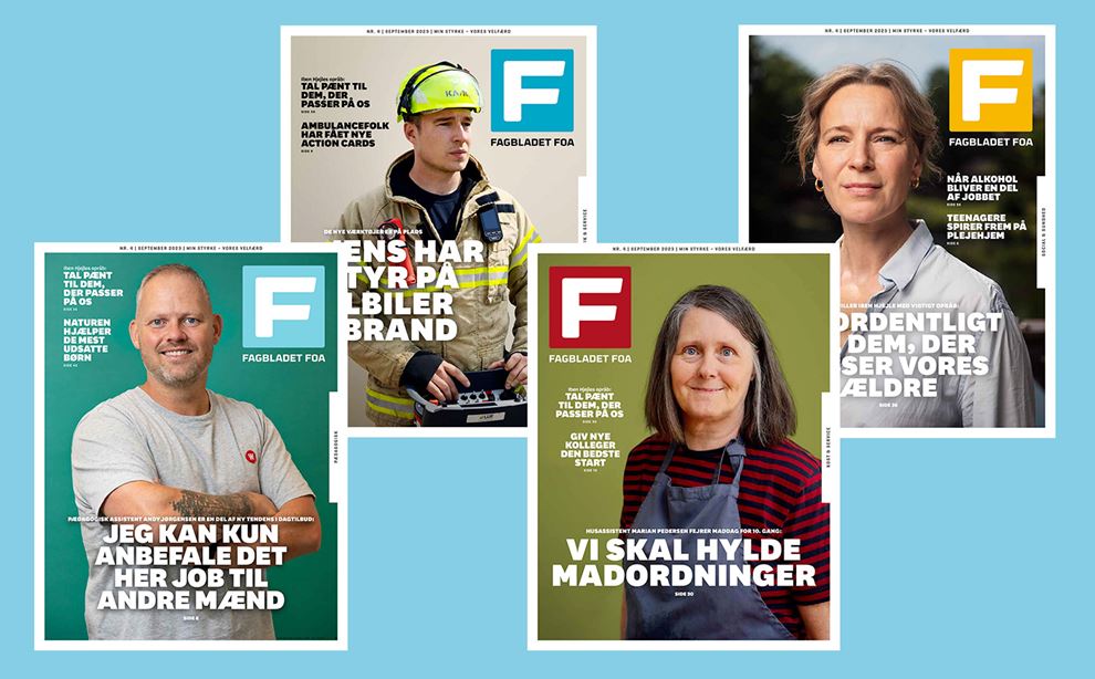 Alle 4 forsider af Fagbladet FOA nr. 4/2023