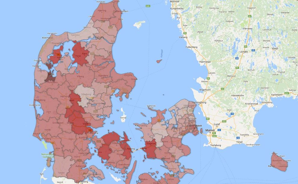 Danmarkskort med forskelligt farvede kommuner
