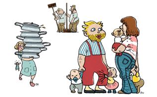 Illustrationer der viser en familie, en kvinde der bær på en masse tallerkner og skåle og to arbejdere der står og snakker sammen