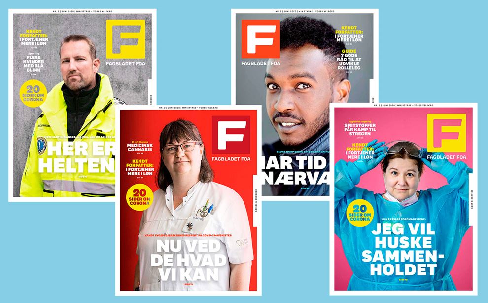 Alle fire forsider af Fagbladet FOA nr. 2/2020