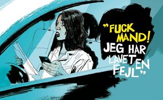 Illustration af Rasmus Meisler. En stresset sosu i sin bil med papirer og telefon-